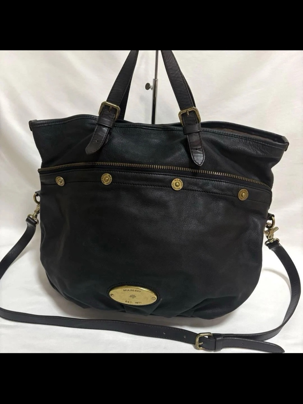 Mulberry Black Leather Shoulder Tote with Brass Hardware